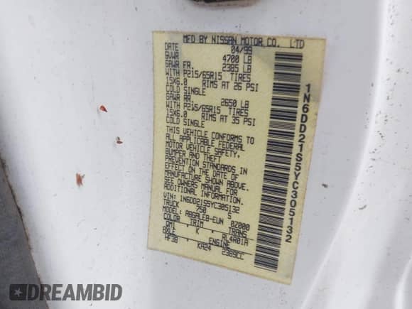 2000 Nissan Frontier XE with VIN 1N6DD21S5YC305132, listed as a IAAI auction lot 42695081 with 111,427 mi miles and . Bid and sale history available at DreamBid. Image 9.