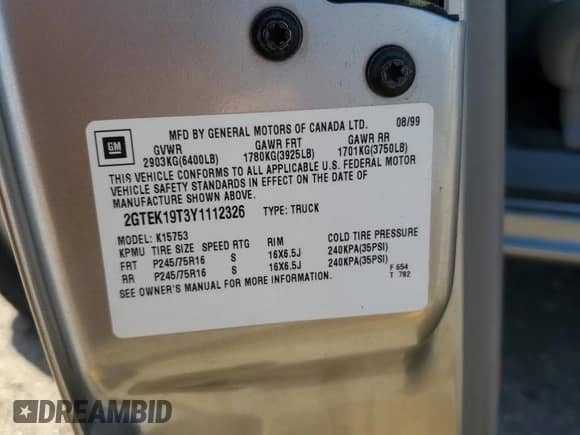 2000 GMC Sierra 1500 SLE z VIN 2GTEK19T3Y1112326, wystawiony jako Copart lot #86113175 z przebiegiem 57 704 mil mil oraz Szkoda całkowita • Salvage title. Historia ofert i sprzedaży dostępna na DreamBid. Obrazek 12.