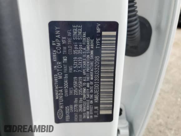 2025 Hyundai Tucson Limited с VIN KM8JEDD13SU332098, выставлен на аукционе Copart как лот 65218505 с пробегом 1 160 миль миль и Списание • Salvage title. История ставок и продаж доступна на DreamBid. Изображение 13.