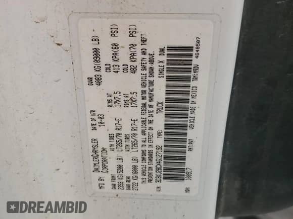 2004 Dodge 2500 SLT with VIN 3D3KU28CX4G127192, listed as a Copart auction lot 65807315 with 382,289 mi miles and Salvage title. Bid and sale history available at DreamBid. Image 12.