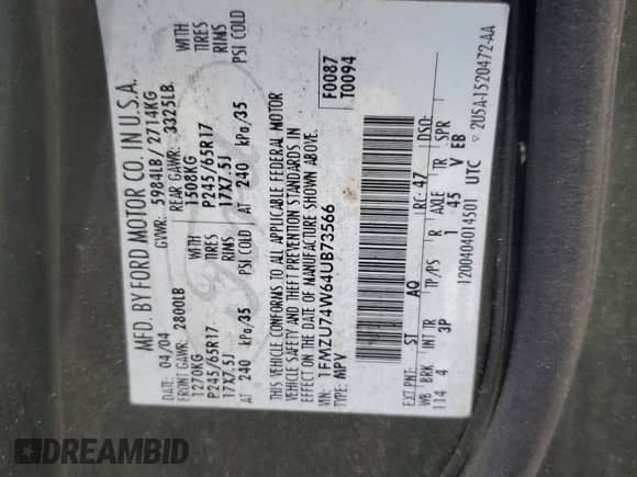 2004 Ford Explorer Eddie Bauer с VIN 1FMZU74W64UB73566, выставлен на аукционе Copart как лот 66825105 с пробегом 121 258 миль миль и Списание • Salvage title. История ставок и продаж доступна на DreamBid. Изображение 13.
