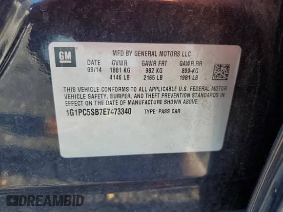 2014 Chevrolet Cruze 1LT с VIN 1G1PC5SB7E7473340, выставлен на аукционе Copart как лот 83606944 с пробегом 81 726 миль миль и Списание • Salvage title. История ставок и продаж доступна на DreamBid. Изображение 13.