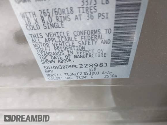 2023 Nissan Pathfinder Rock Creek with VIN 5N1DR3BD9PC228981, listed as a IAAI auction lot 42074519 with 34,763 mi miles and . Bid and sale history available at DreamBid. Image 9.