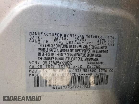 2019 Nissan Sentra SV with VIN 3N1AB7AP5KY210253, listed as a Copart auction lot 84993175 with 108,603 mi miles and Salvage title. Bid and sale history available at DreamBid. Image 12.