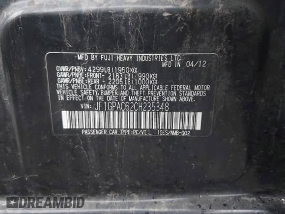 2012 Subaru Impreza Premium with VIN JF1GPAC62CH235348, listed as a IAAI auction lot 42698963 with 177,195 mi miles and . Bid and sale history available at DreamBid. Image 9.