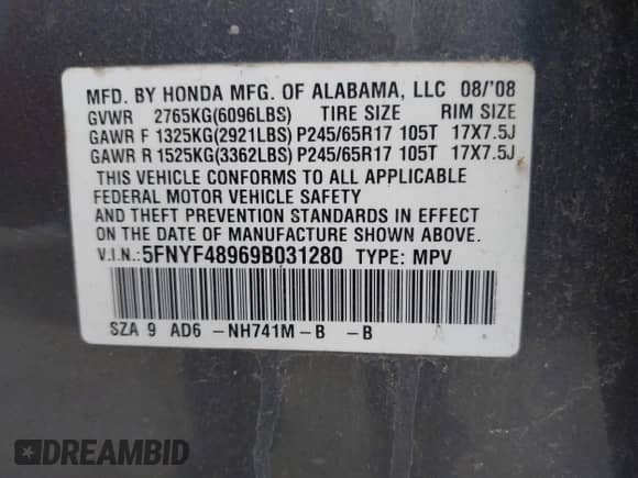 2009 Honda Pilot Touring with VIN 5FNYF48969B031280, listed as a IAAI auction lot 42934690 with 163,844 mi miles and . Bid and sale history available at DreamBid. Image 9.
