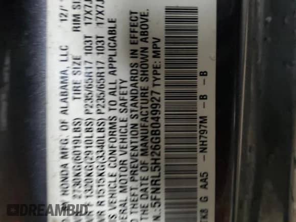 2016 Honda Odyssey LX with VIN 5FNRL5H26GB049927, listed as a Copart auction lot 58339565 with 194,995 mi miles and Salvage title. Bid and sale history available at DreamBid. Image 13.