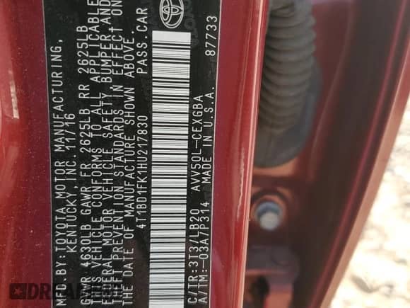 2017 Toyota Camry Hybrid LE с VIN 4T1BD1FK1HU217830, выставлен на аукционе Copart как лот 71991665 с пробегом 84 571 миль миль и Списание • Salvage title. История ставок и продаж доступна на DreamBid. Изображение 12.