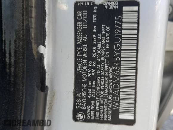 2000 BMW 5 Series 528i с VIN WBADM6345YGU19775, выставлен на аукционе Copart как лот 66575655 с пробегом 216 624 миль миль и Списание • Salvage title. История ставок и продаж доступна на DreamBid. Изображение 12.