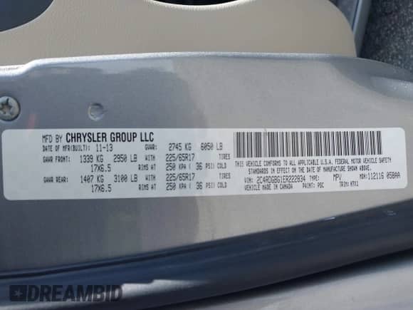 2014 Dodge Grand Caravan SE with VIN 2C4RDGBG1ER222834, listed as a IAAI auction lot 43446390 with 61,337 mi miles and . Bid and sale history available at DreamBid. Image 9.