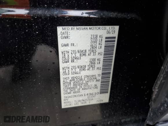 2019 Nissan Murano SV z VIN 5N1AZ2MJ5KN149630, wystawiony jako Copart lot #48512975 z przebiegiem 51 171 mil mil oraz Szkoda całkowita • Salvage title. Historia ofert i sprzedaży dostępna na DreamBid. Obrazek 13.