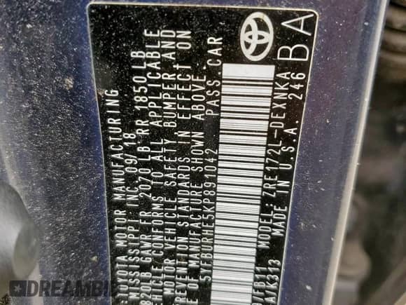 2019 Toyota Corolla L with VIN 5YFBURHE5KP891042, listed as a Copart auction lot 83988905 with 62,560 mi miles and Salvage title. Bid and sale history available at DreamBid. Image 12.