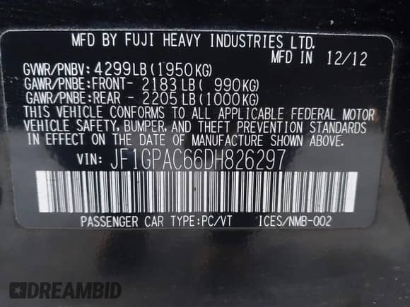 2013 Subaru Impreza Premium с VIN JF1GPAC66DH826297, выставлен на аукционе IAAI как лот 43320105 с пробегом 204 505 миль миль и . История ставок и продаж доступна на DreamBid. Изображение 9.