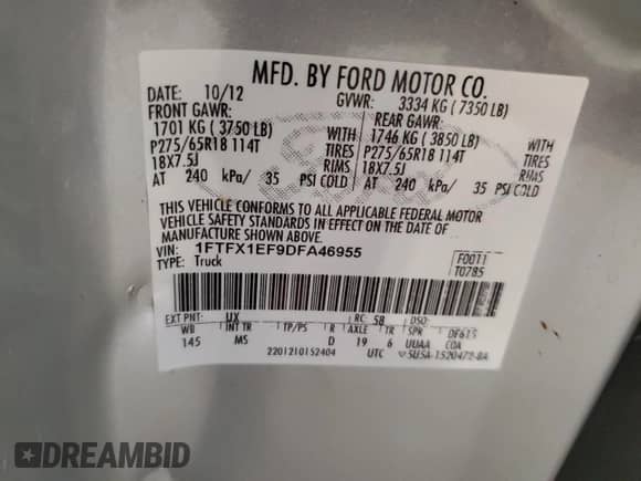 2013 Ford F-150 STX с VIN 1FTFX1EF9DFA46955, выставлен на аукционе Copart как лот 62272785 с пробегом 127 998 миль миль и Списание • Salvage title. История ставок и продаж доступна на DreamBid. Изображение 12.