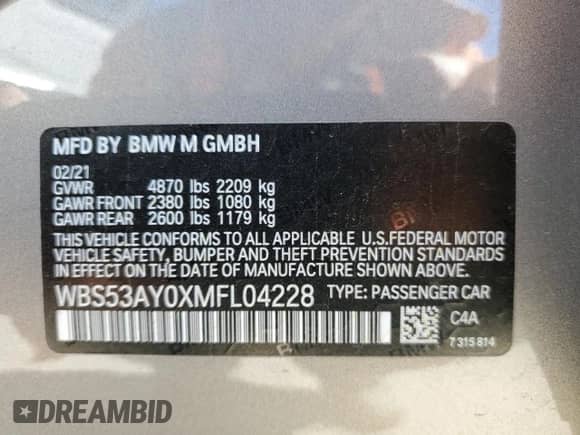 2021 BMW M3 с VIN WBS53AY0XMFL04228, выставлен на аукционе Copart как лот 80012024 с пробегом 16 588 миль миль и Списание • Salvage title. История ставок и продаж доступна на DreamBid. Изображение 13.