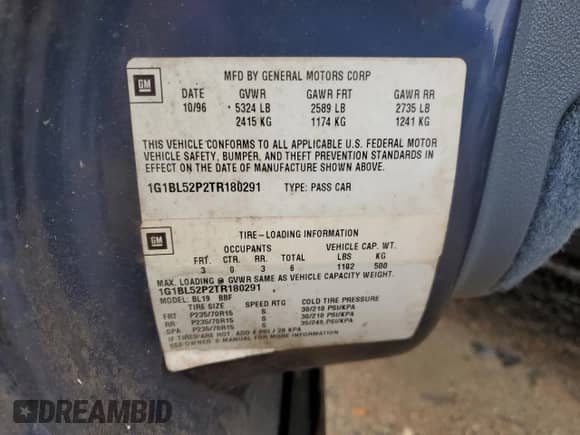 1996 Chevrolet Caprice 1SA Special Value с VIN 1G1BL52P2TR180291, выставлен на аукционе Copart как лот 49101695 с пробегом 162 437 миль миль и Чистый • Clean title. История ставок и продаж доступна на DreamBid. Изображение 12.