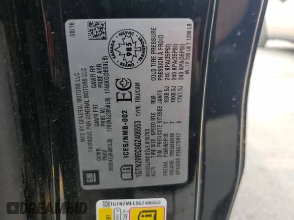 2016 GMC Sierra 1500 SLE с VIN 1GTN2MEC9GZ406553, выставлен на аукционе Copart как лот 60244055 с пробегом Не указан миль и Списание • Salvage title. История ставок и продаж доступна на DreamBid. Изображение 12.
