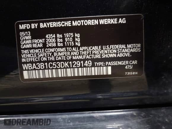 2013 BMW 3 Series 320i z VIN WBA3B1C53DK129149, wystawiony jako IAAI lot #42415125 z przebiegiem 129 114 mil mil oraz . Historia ofert i sprzedaży dostępna na DreamBid. Obrazek 9.