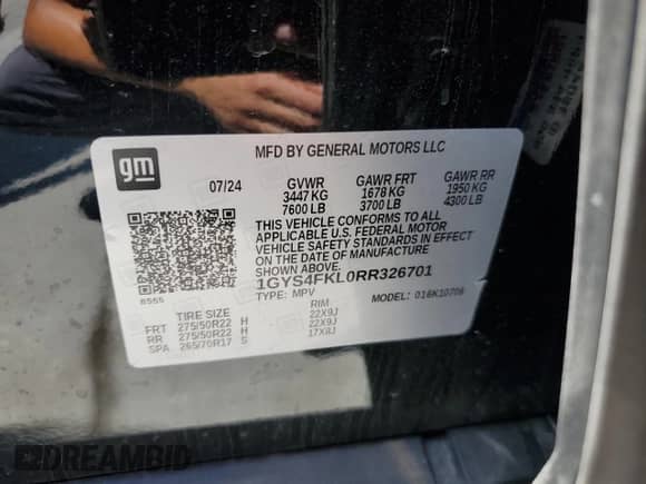 2024 Cadillac Escalade 4WD Sport с VIN 1GYS4FKL0RR326701, выставлен на аукционе Copart как лот 63807455 с пробегом 9 964 миль миль и Списание • Salvage title. История ставок и продаж доступна на DreamBid. Изображение 14.