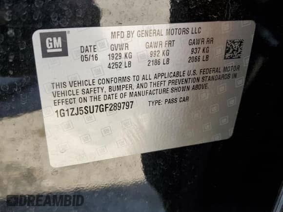 2016 Chevrolet Malibu Hybrid с VIN 1G1ZJ5SU7GF289797, выставлен на аукционе Copart как лот 68485645 с пробегом 68 108 миль миль и Списание • Salvage title. История ставок и продаж доступна на DreamBid. Изображение 12.