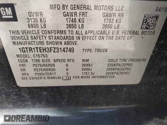 2015 GMC Sierra 1500 with VIN 1GTR1TEH3FZ314749, listed as a IAAI auction lot 43048113 with 135,775 mi miles and . Bid and sale history available at DreamBid. Image 9.