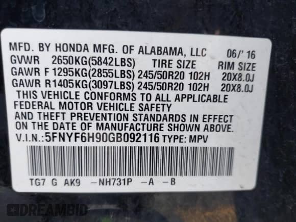 2016 Honda Pilot Touring z VIN 5FNYF6H90GB092116, wystawiony jako IAAI lot #42819445 z przebiegiem 204 693 mil mil oraz . Historia ofert i sprzedaży dostępna na DreamBid. Obrazek 9.