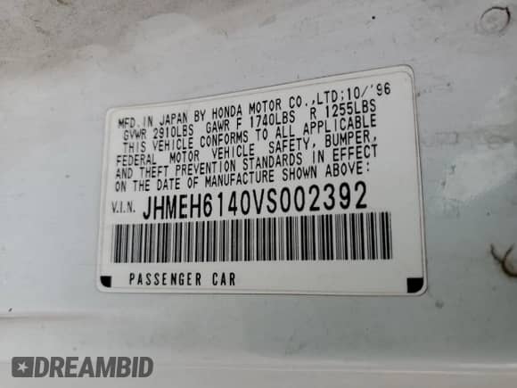 1997 Honda Civic z VIN JHMEH6140VS002392, wystawiony jako Copart lot #45517325 z przebiegiem 251 243 mil mil oraz Czysty tytuł • Clean title. Historia ofert i sprzedaży dostępna na DreamBid. Obrazek 12.