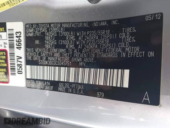 2012 Toyota Sienna XLE with VIN 5TDDK3DC0CS045751, listed as a IAAI auction lot 42591445 with 196,791 mi miles and . Bid and sale history available at DreamBid. Image 9.
