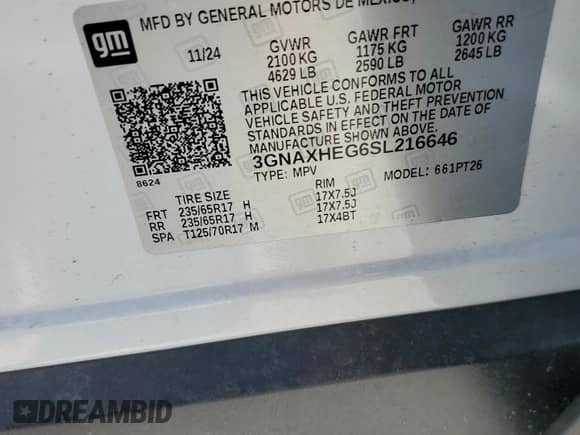 2025 Chevrolet Equinox FWD LT с VIN 3GNAXHEG6SL216646, выставлен на аукционе Copart как лот 48810745 с пробегом 5 352 миль миль и Чистый • Clean title. История ставок и продаж доступна на DreamBid. Изображение 13.