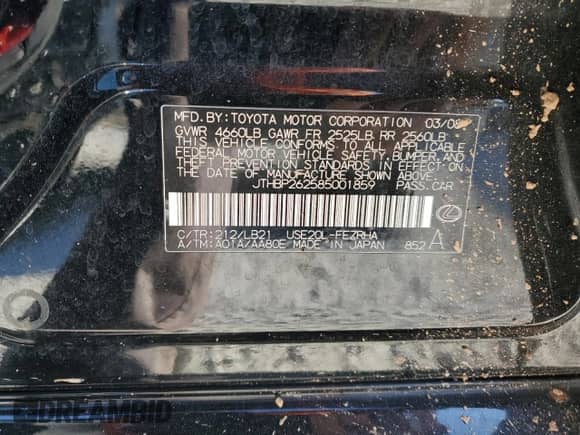 2008 Lexus IS F with VIN JTHBP262585001859, listed as a Copart auction lot 86517534 with 185,856 mi miles and Salvage title. Bid and sale history available at DreamBid. Image 12.