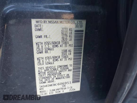 2011 Nissan Pathfinder LE with VIN 5N1AR1NB3BC606951, listed as a IAAI auction lot 43327489 with 234,098 mi miles and . Bid and sale history available at DreamBid. Image 9.