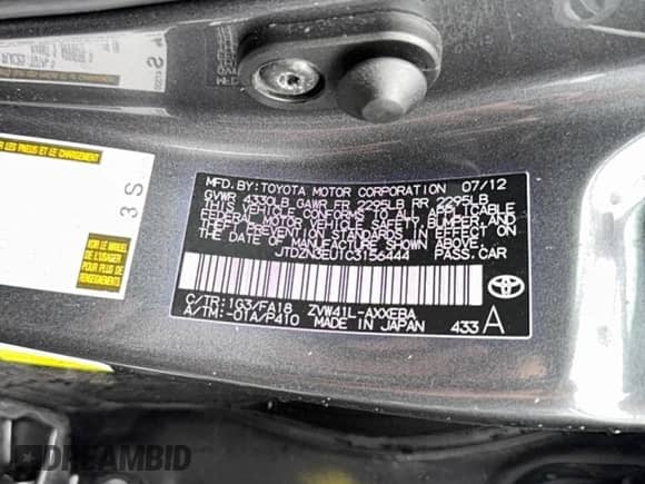 2012 Toyota Prius Two z VIN JTDZN3EU1C3156444, wystawiony jako Copart lot #86887605 z przebiegiem 173 731 mil mil oraz Szkoda całkowita • Salvage title. Historia ofert i sprzedaży dostępna na DreamBid. Obrazek 10.