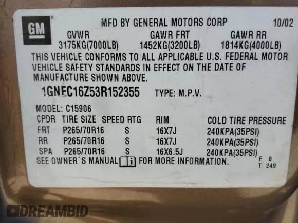 2003 Chevrolet Suburban LS с VIN 1GNEC16Z53R152355, выставлен на аукционе Copart как лот 73381644 с пробегом 225 199 миль миль и Списание • Salvage title. История ставок и продаж доступна на DreamBid. Изображение 12.