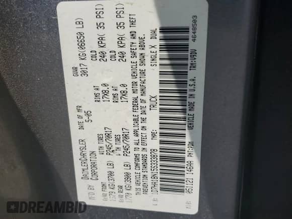 2005 Dodge 1500 SLT z VIN 1D7HA18N15S333878, wystawiony jako Copart lot #81817785 z przebiegiem 177 512 mil mil oraz Szkoda całkowita • Salvage title. Historia ofert i sprzedaży dostępna na DreamBid. Obrazek 12.