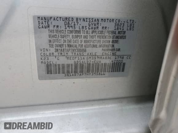 2017 Nissan Sentra SR with VIN 3N1AB7AP7HY395866, listed as a Copart auction lot 84410645 with 82,395 mi miles and Salvage title. Bid and sale history available at DreamBid. Image 12.