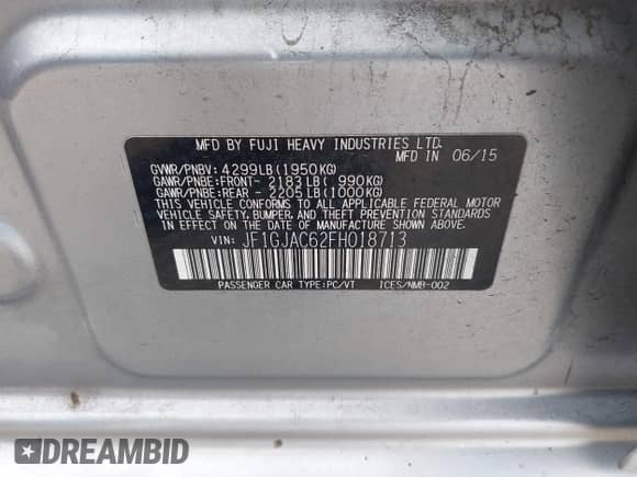 2015 Subaru Impreza Premium with VIN JF1GJAC62FH018713, listed as a IAAI auction lot 42482858 with 81,991 mi miles and . Bid and sale history available at DreamBid. Image 9.