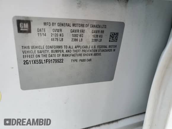 2015 Chevrolet Impala LS с VIN 2G11X5SL1F9179922, выставлен на аукционе Copart как лот 67306895 с пробегом 131 666 миль миль и Списание • Salvage title. История ставок и продаж доступна на DreamBid. Изображение 13.