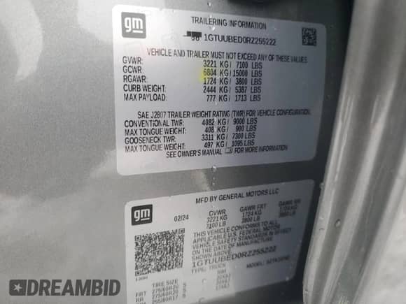 2024 GMC Sierra 1500 SLE с VIN 1GTUUBED0RZ255222, выставлен на аукционе Copart как лот 83826064 с пробегом 2 805 миль миль и Списание • Salvage title. История ставок и продаж доступна на DreamBid. Изображение 13.