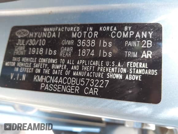 2011 Hyundai Accent GLS z VIN KMHCN4AC0BU573227, wystawiony jako IAAI lot #42934898 z przebiegiem Nie podano mil oraz . Historia ofert i sprzedaży dostępna na DreamBid. Obrazek 9.