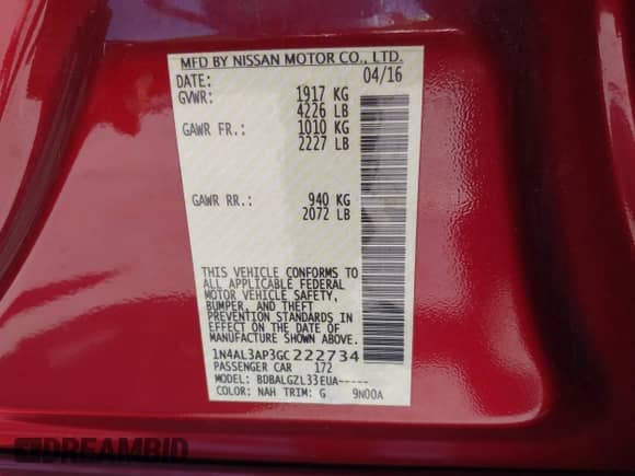 2016 Nissan Altima SR z VIN 1N4AL3AP3GC222734, wystawiony jako IAAI lot #43051008 z przebiegiem 66 040 mil mil oraz . Historia ofert i sprzedaży dostępna na DreamBid. Obrazek 9.