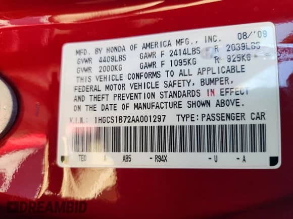 2010 Honda Accord EX with VIN 1HGCS1B72AA001297, listed as a Copart auction lot 69793485 with 162,672 mi miles and Salvage title. Bid and sale history available at DreamBid. Image 12.