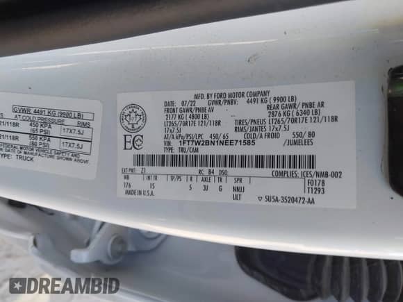 2022 Ford F-250 XL with VIN 1FT7W2BN1NEE71585, listed as a IAAI auction lot 43236548 with 16,826 mi miles and . Bid and sale history available at DreamBid. Image 9.