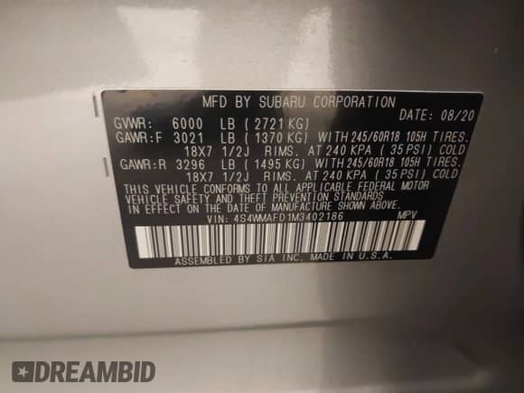 2021 Subaru Ascent Premium с VIN 4S4WMAFD1M3402186, выставлен на аукционе IAAI как лот 41375595 с пробегом 66 820 миль миль и . История ставок и продаж доступна на DreamBid. Изображение 9.