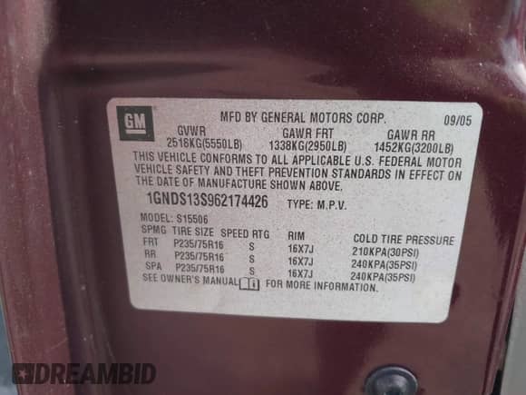 2006 Chevrolet TrailBlazer LT with VIN 1GNDS13S962174426, listed as a IAAI auction lot 43304757 with 126,188 mi miles and . Bid and sale history available at DreamBid. Image 9.
