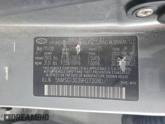 2009 Hyundai Santa Fe GLS с VIN 5NMSG13D39H272080, выставлен на аукционе Copart как лот 81777055 с пробегом 132 397 миль миль и Списание • Salvage title. История ставок и продаж доступна на DreamBid. Изображение 14.