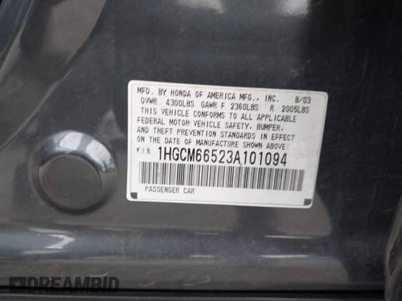 2003 Honda Accord EX with VIN 1HGCM66523A101094, listed as a IAAI auction lot 43444626 with 196,905 mi miles and . Bid and sale history available at DreamBid. Image 9.