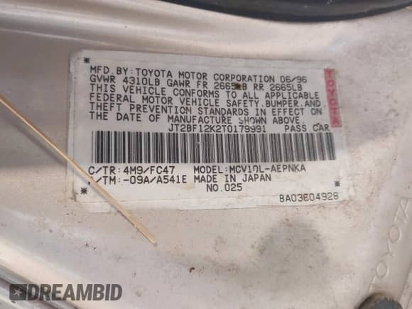 1996 Toyota Camry LE z VIN JT2BF12K2T0179991, wystawiony jako IAAI lot #43512900 z przebiegiem 301 917 mil mil oraz . Historia ofert i sprzedaży dostępna na DreamBid. Obrazek 9.