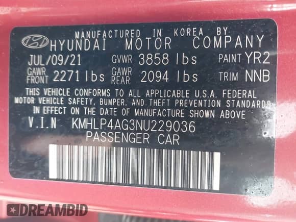 2022 Hyundai Elantra Limited with VIN KMHLP4AG3NU229036, listed as a IAAI auction lot 42284962 with 44,046 mi miles and . Bid and sale history available at DreamBid. Image 9.