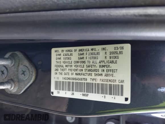 2006 Honda Accord EX-L with VIN 1HGCM668X6A049759, listed as a IAAI auction lot 43532359 with 103,730 mi miles and . Bid and sale history available at DreamBid. Image 9.