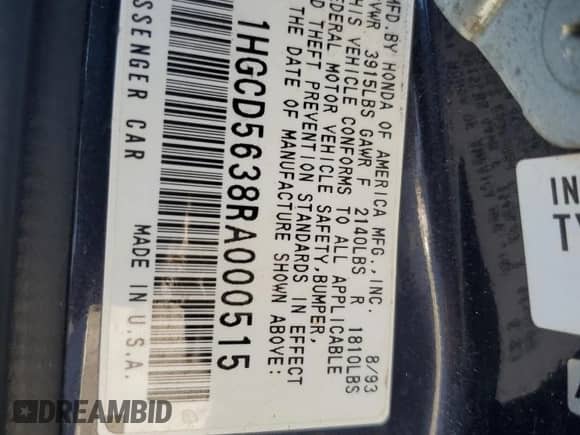 1994 Honda Accord LX с VIN 1HGCD5638RA000515, выставлен на аукционе Copart как лот 70008695 с пробегом 162 009 миль миль и На запчасти • Non repairable. История ставок и продаж доступна на DreamBid. Изображение 13.